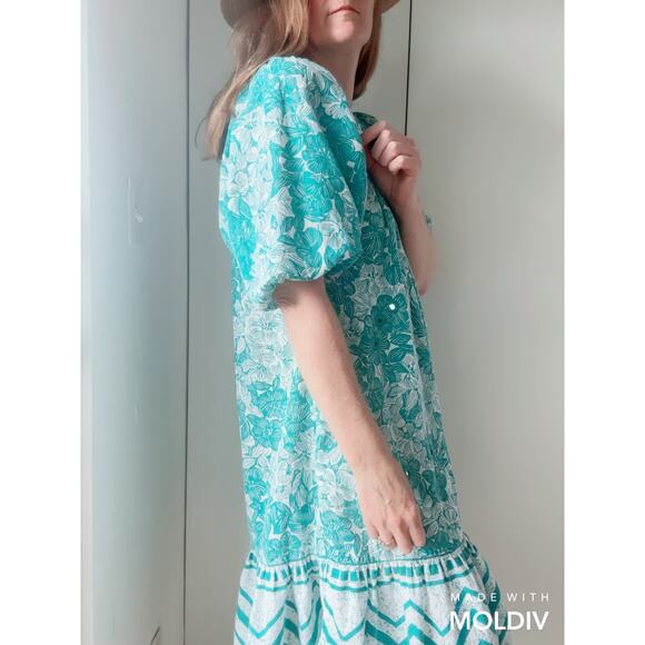 Vintage 80s Ramono Rull Classic Indi Print Summer Dress Size Small Turquoise Wht - Picture 10 of 12